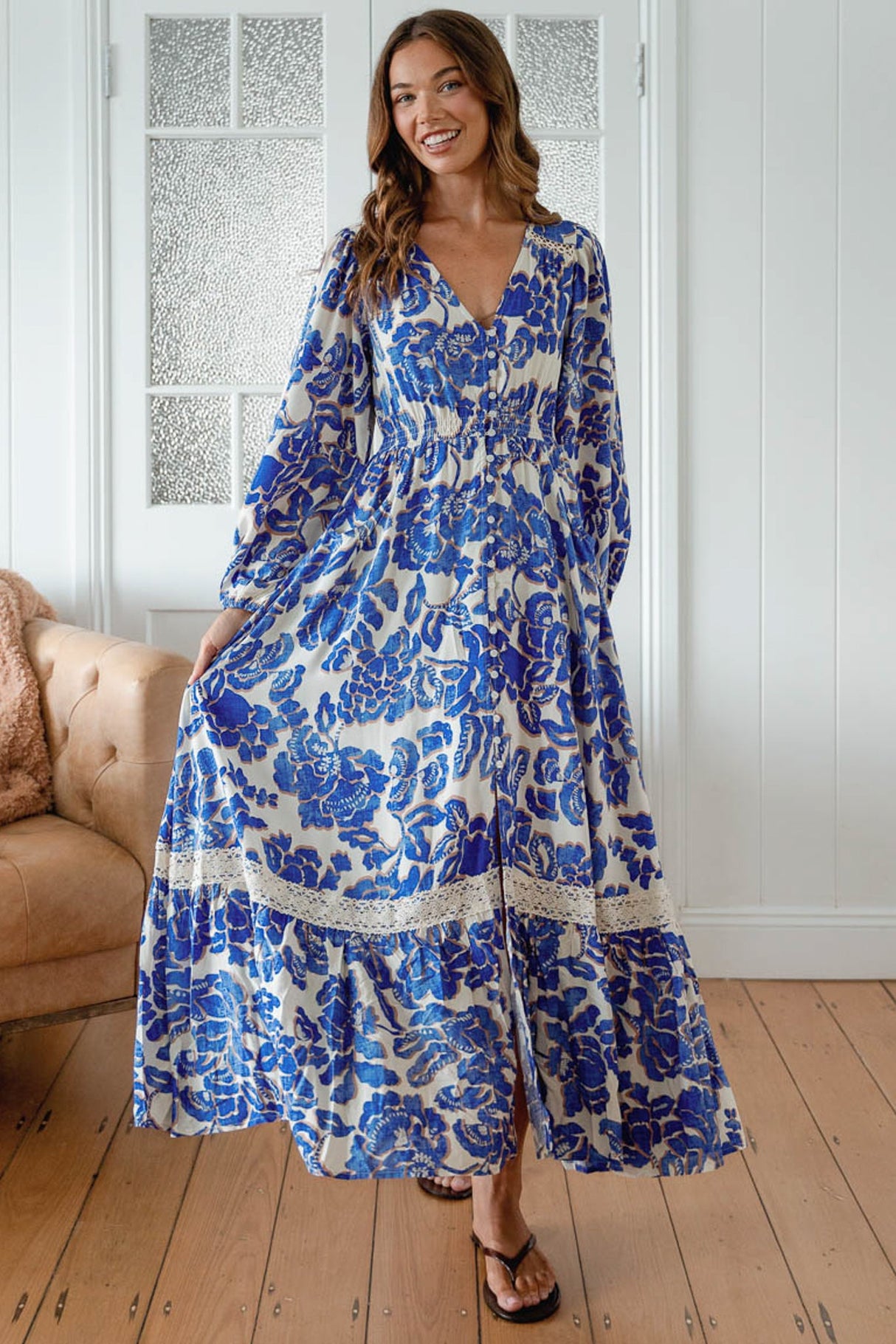 JAASE - Carmen Long Sleeve Maxi Dress: Button Down A Line Dress with Lace Trim in Indigo Bloom Print