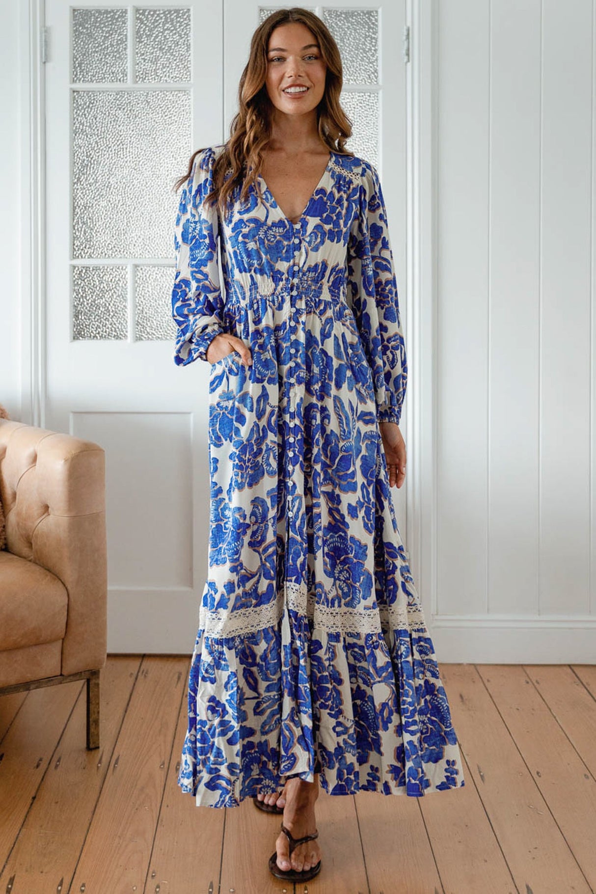 JAASE - Carmen Long Sleeve Maxi Dress: Button Down A Line Dress with Lace Trim in Indigo Bloom Print