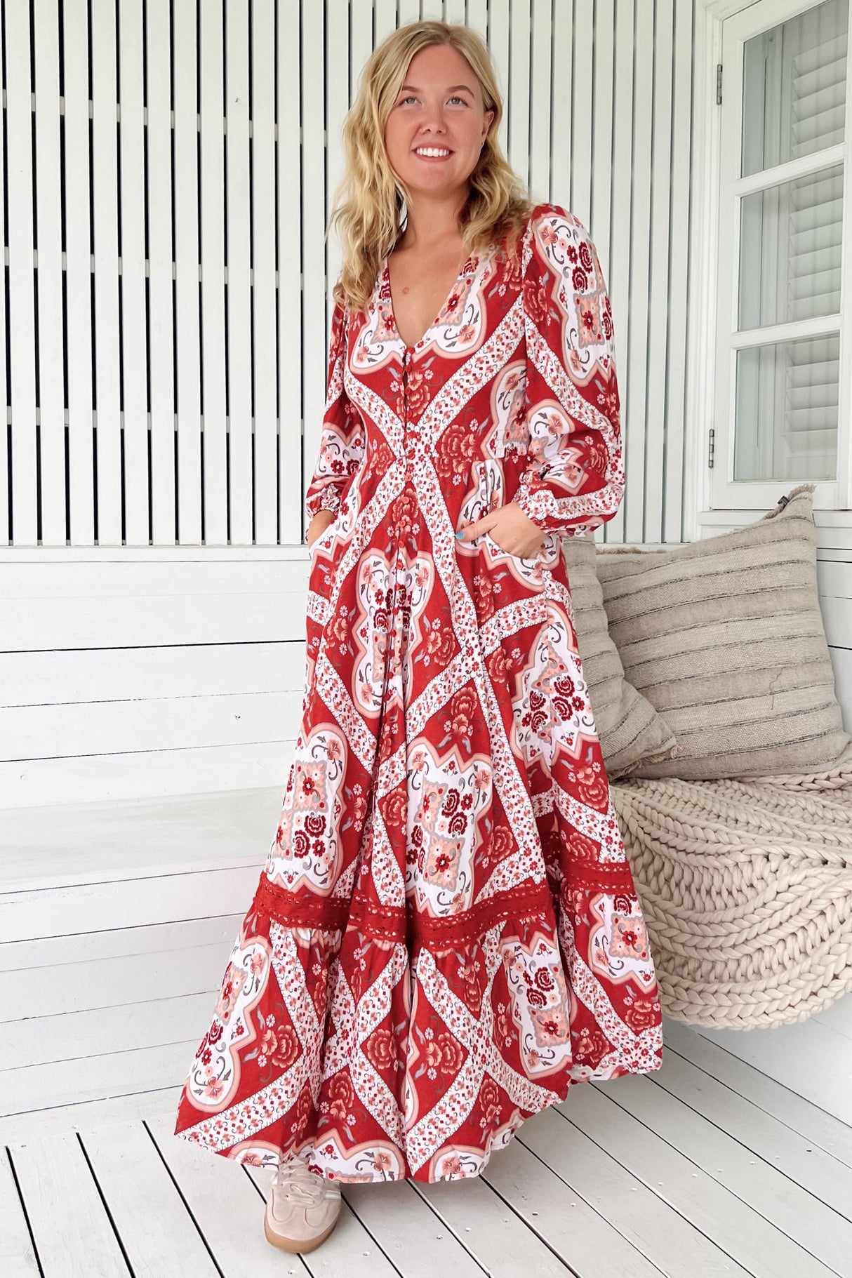 JAASE - Carmen Long Sleeve Maxi Dress: Button Down A Line Dress with Lace Trim in Rosa Print