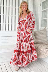 JAASE - Carmen Long Sleeve Maxi Dress: Button Down A Line Dress with Lace Trim in Rosa Print