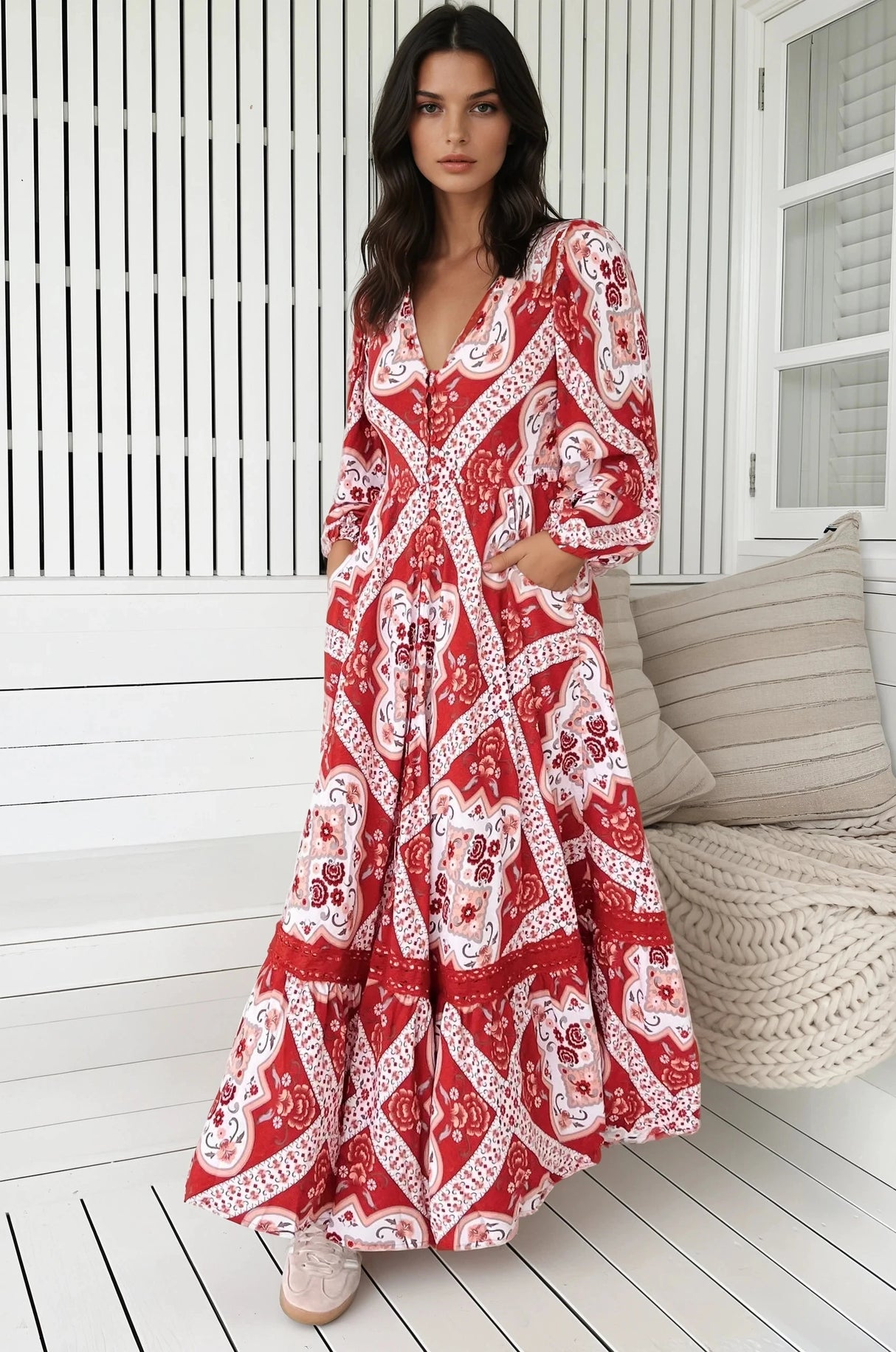JAASE - Carmen Long Sleeve Maxi Dress: Button Down A Line Dress with Lace Trim in Rosa Print