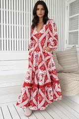 JAASE - Carmen Long Sleeve Maxi Dress: Button Down A Line Dress with Lace Trim in Rosa Print