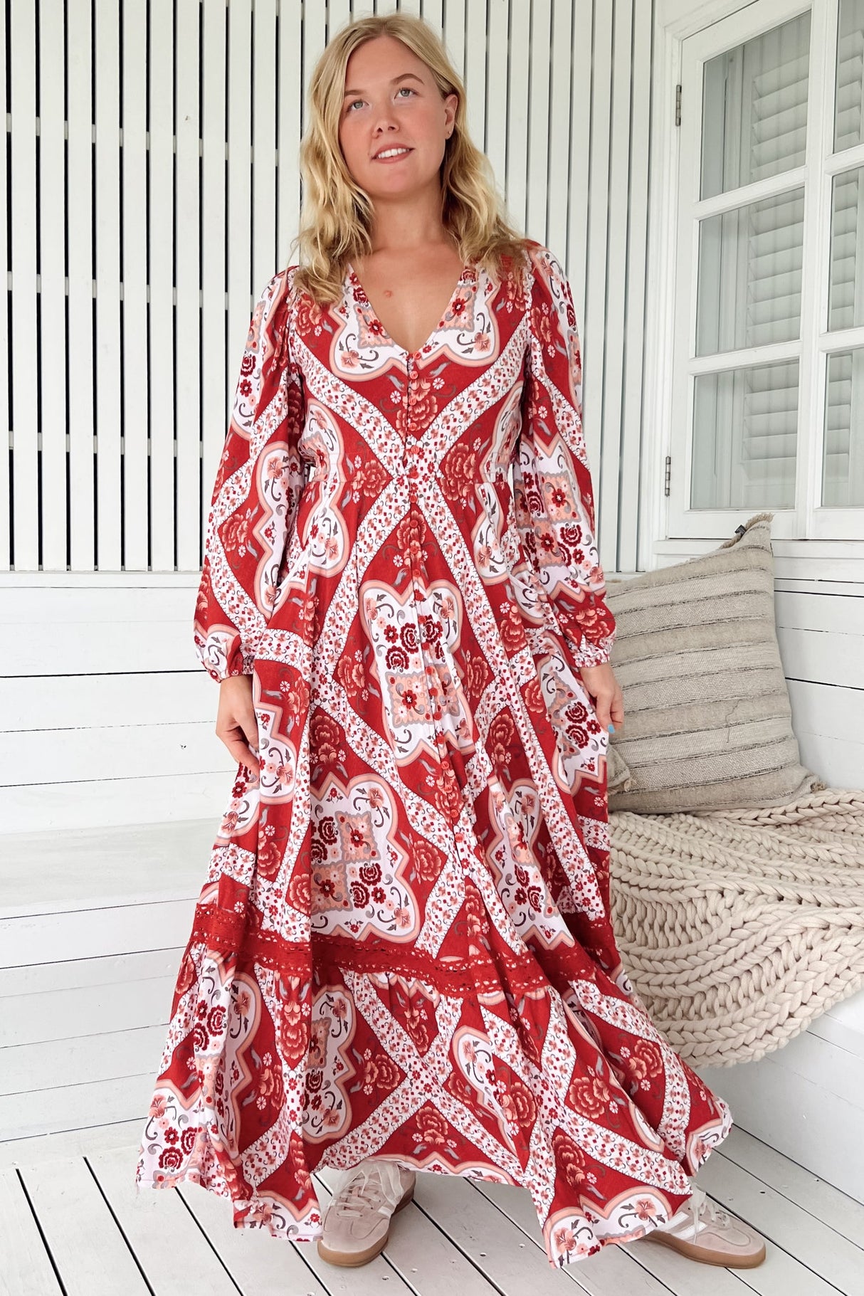 JAASE - Carmen Long Sleeve Maxi Dress: Button Down A Line Dress with Lace Trim in Rosa Print