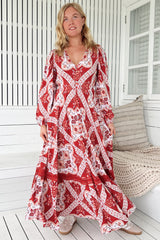JAASE - Carmen Long Sleeve Maxi Dress: Button Down A Line Dress with Lace Trim in Rosa Print