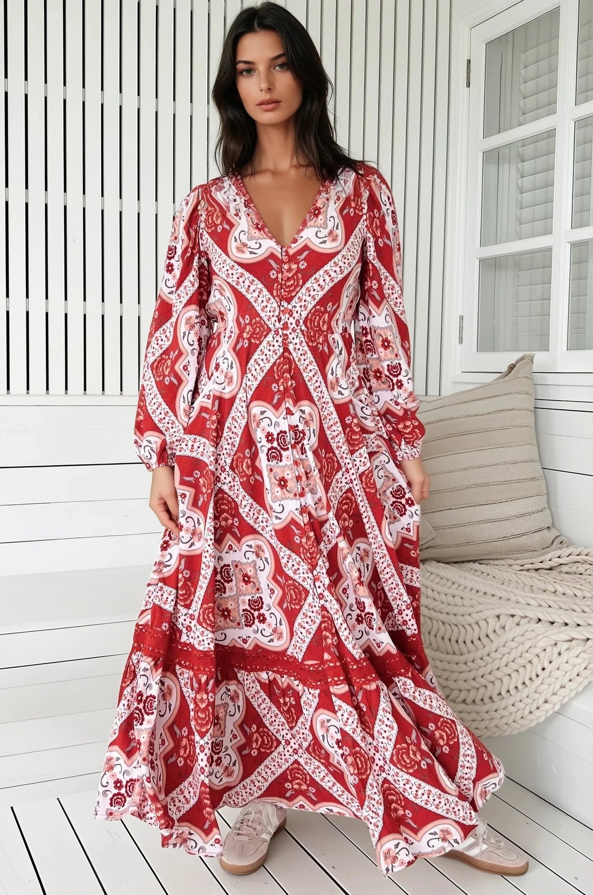 JAASE - Carmen Long Sleeve Maxi Dress: Button Down A Line Dress with Lace Trim in Rosa Print