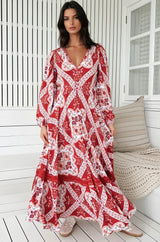 JAASE - Carmen Long Sleeve Maxi Dress: Button Down A Line Dress with Lace Trim in Rosa Print