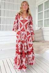 JAASE - Carmen Long Sleeve Maxi Dress: Button Down A Line Dress with Lace Trim in Rosa Print