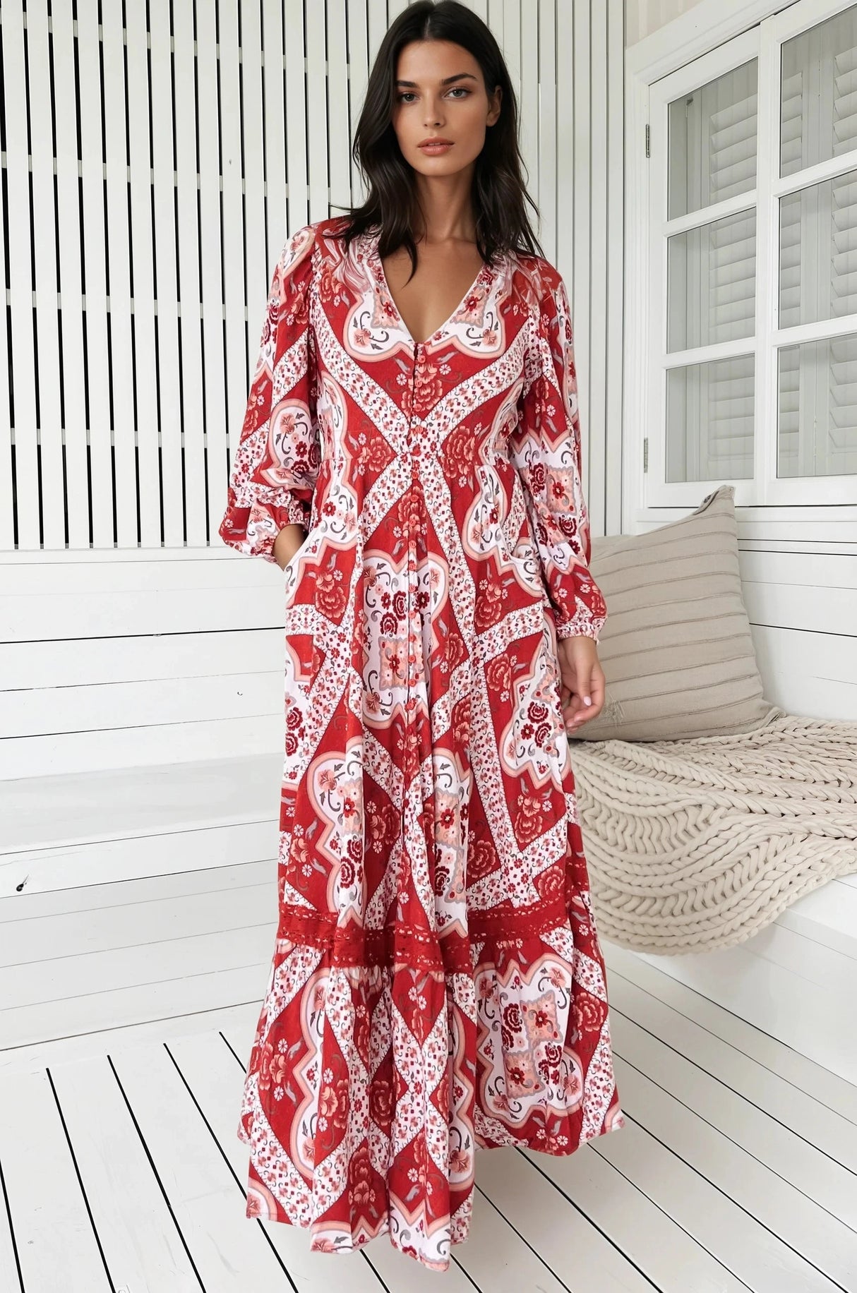 JAASE - Carmen Long Sleeve Maxi Dress: Button Down A Line Dress with Lace Trim in Rosa Print