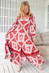 JAASE - Carmen Long Sleeve Maxi Dress: Button Down A Line Dress with Lace Trim in Rosa Print