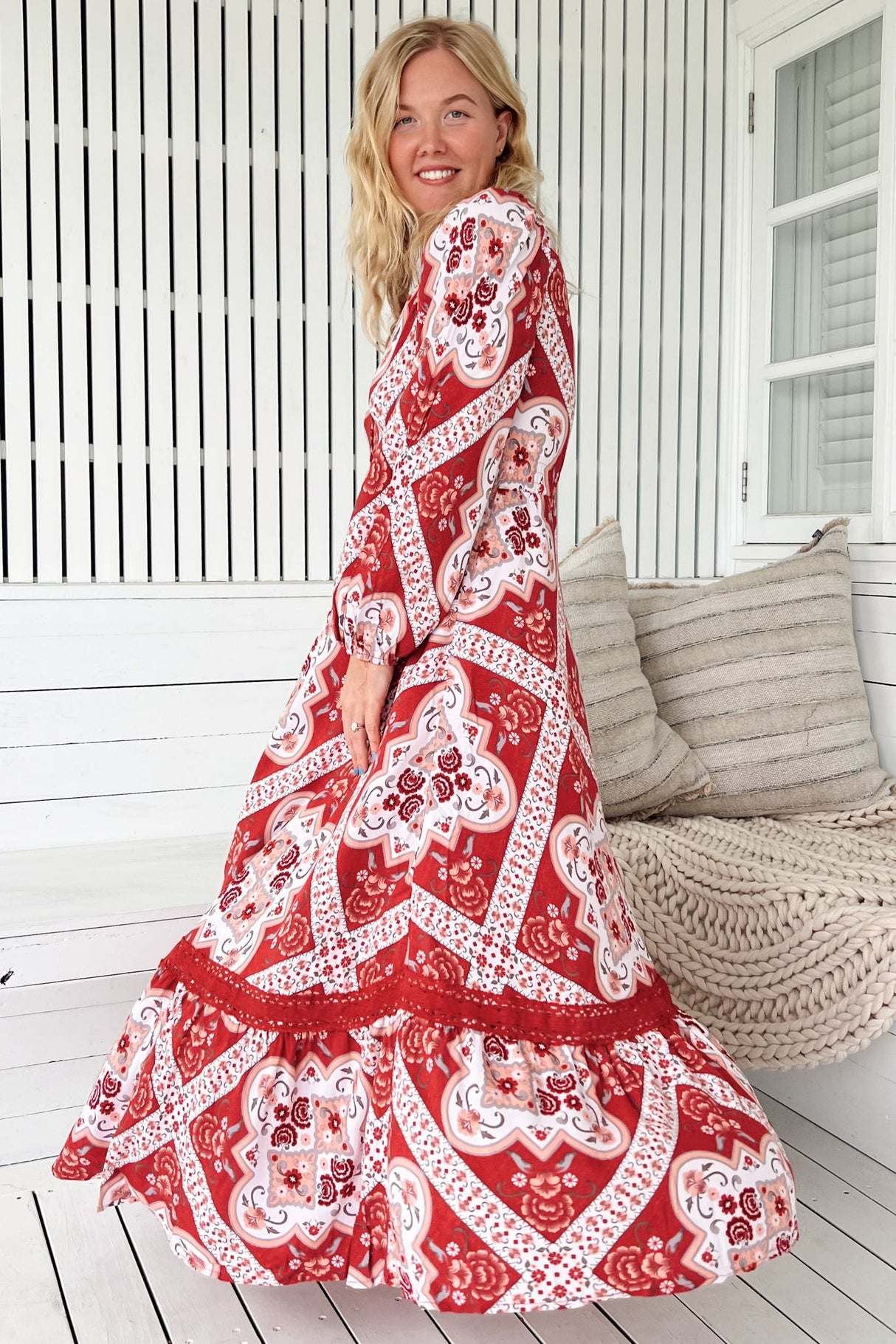 JAASE - Carmen Long Sleeve Maxi Dress: Button Down A Line Dress with Lace Trim in Rosa Print