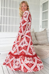 JAASE - Carmen Long Sleeve Maxi Dress: Button Down A Line Dress with Lace Trim in Rosa Print