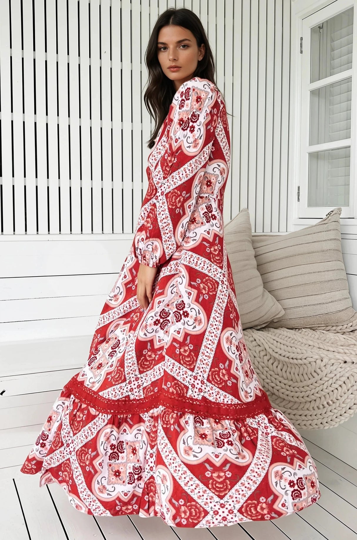 JAASE - Carmen Long Sleeve Maxi Dress: Button Down A Line Dress with Lace Trim in Rosa Print