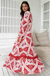 JAASE - Carmen Long Sleeve Maxi Dress: Button Down A Line Dress with Lace Trim in Rosa Print