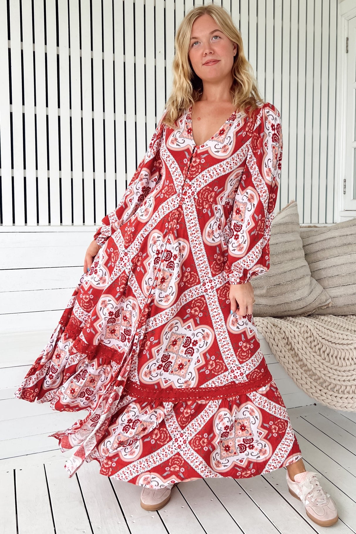 JAASE - Carmen Long Sleeve Maxi Dress: Button Down A Line Dress with Lace Trim in Rosa Print