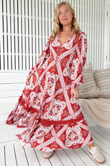 JAASE - Carmen Long Sleeve Maxi Dress: Button Down A Line Dress with Lace Trim in Rosa Print