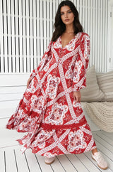 JAASE - Carmen Long Sleeve Maxi Dress: Button Down A Line Dress with Lace Trim in Rosa Print