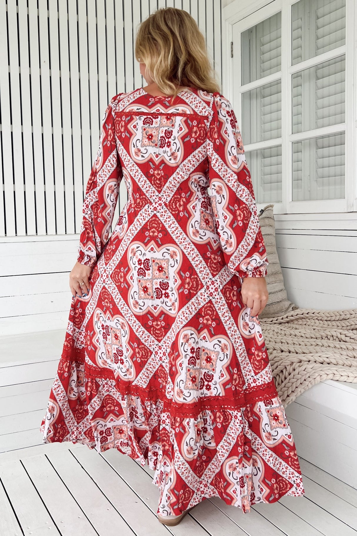 JAASE - Carmen Long Sleeve Maxi Dress: Button Down A Line Dress with Lace Trim in Rosa Print