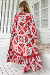 JAASE - Carmen Long Sleeve Maxi Dress: Button Down A Line Dress with Lace Trim in Rosa Print