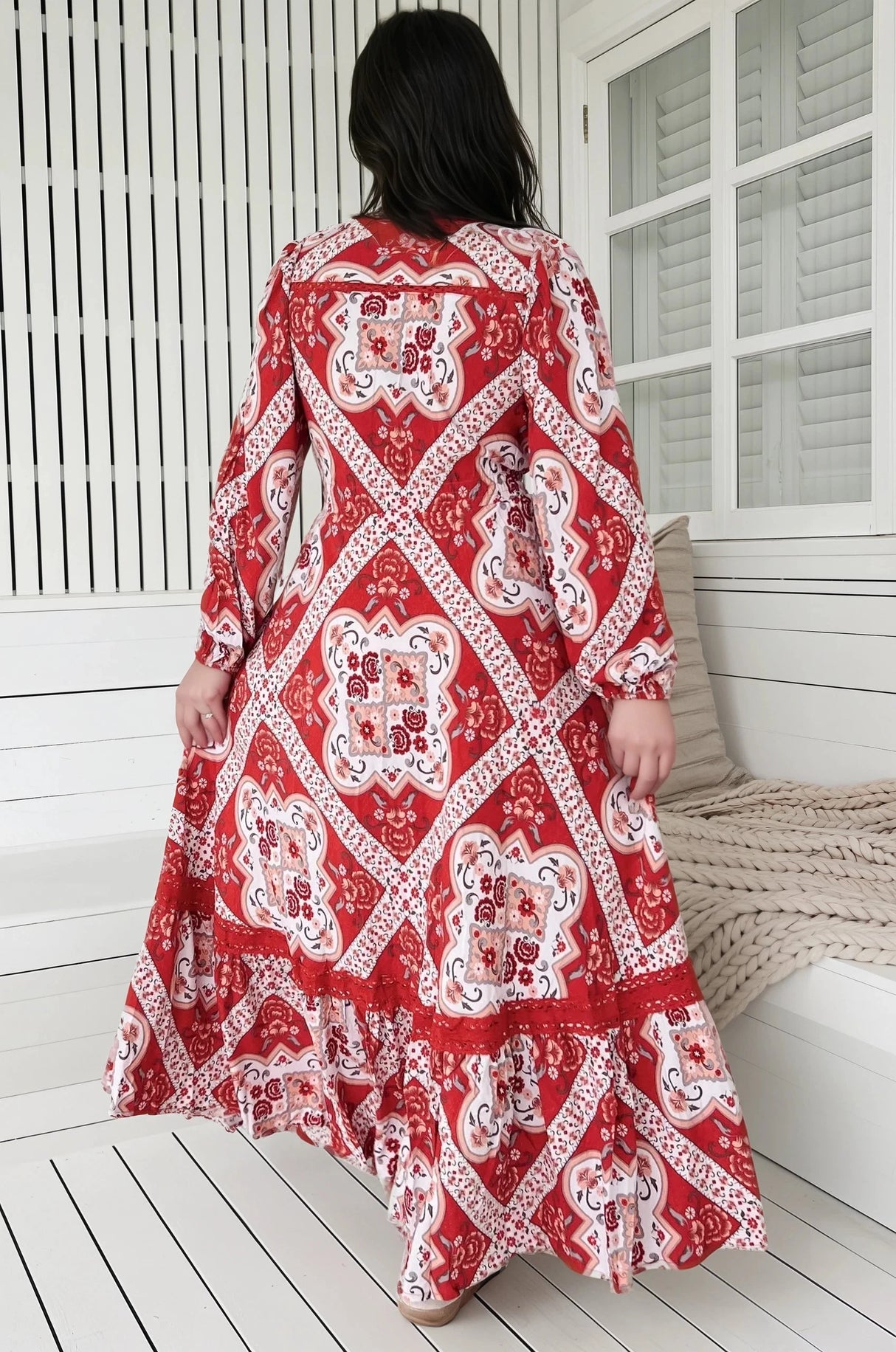 JAASE - Carmen Long Sleeve Maxi Dress: Button Down A Line Dress with Lace Trim in Rosa Print