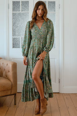JAASE - Carmen Long Sleeve Maxi Dress: Button Down A Line Dress with Lace Trim in Sagewood Print