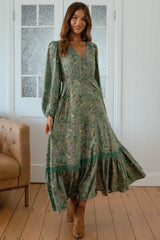 JAASE - Carmen Long Sleeve Maxi Dress: Button Down A Line Dress with Lace Trim in Sagewood Print