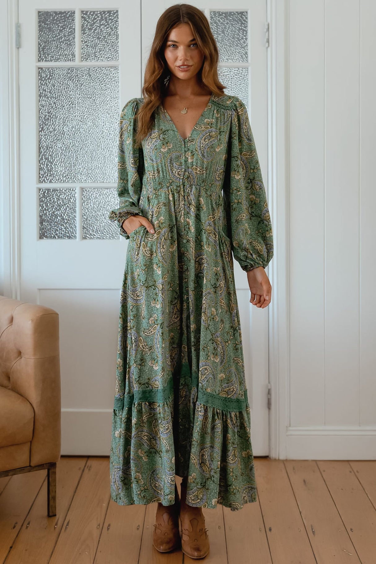 JAASE - Carmen Long Sleeve Maxi Dress: Button Down A Line Dress with Lace Trim in Sagewood Print