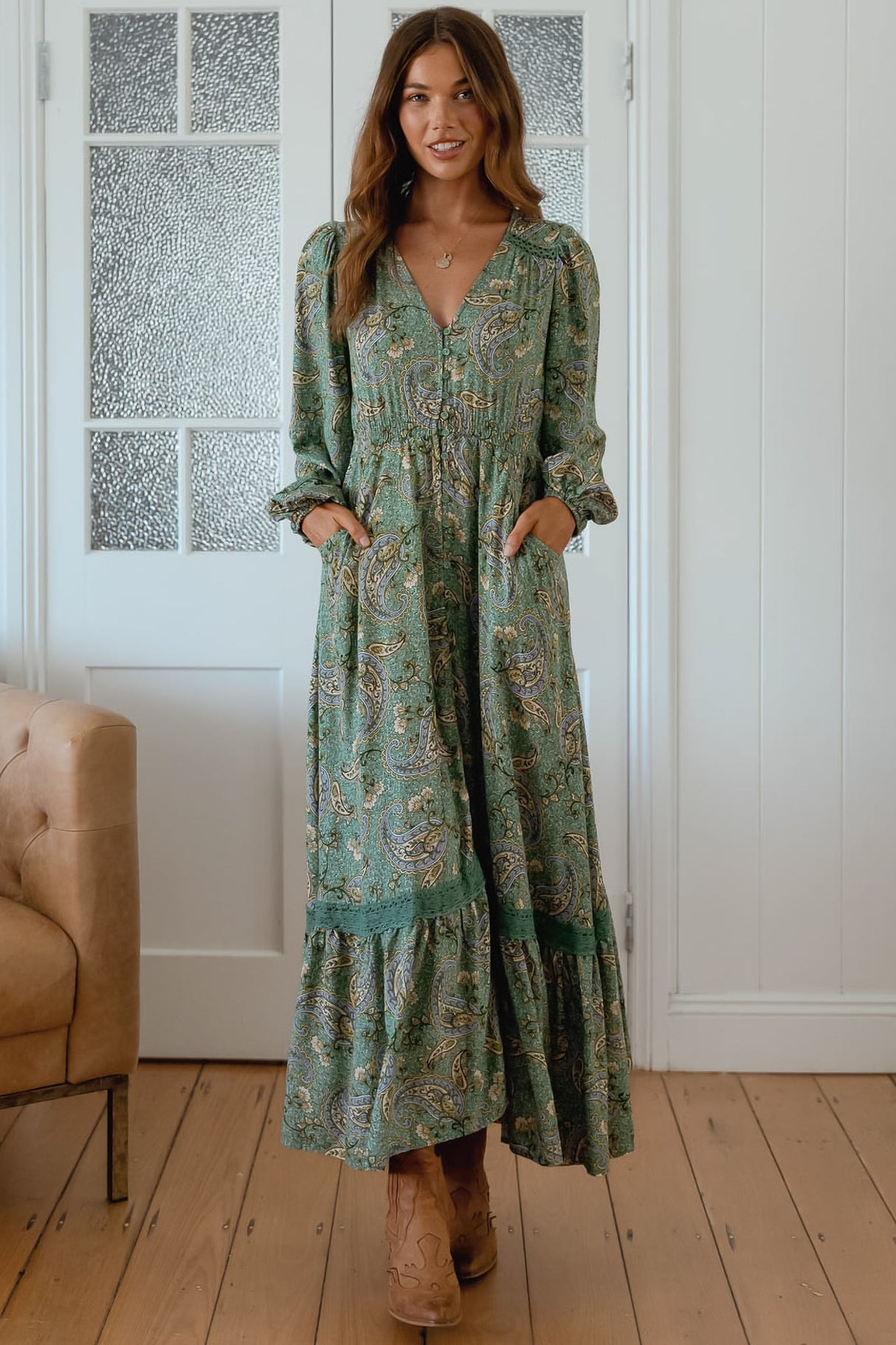 JAASE - Carmen Long Sleeve Maxi Dress: Button Down A Line Dress with Lace Trim in Sagewood Print