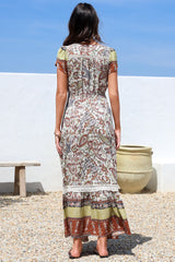 JAASE - Carmen Maxi Dress: Butterfly Cap Sleeve Button Down A Line Dress with Lace Trim in Oakie Print