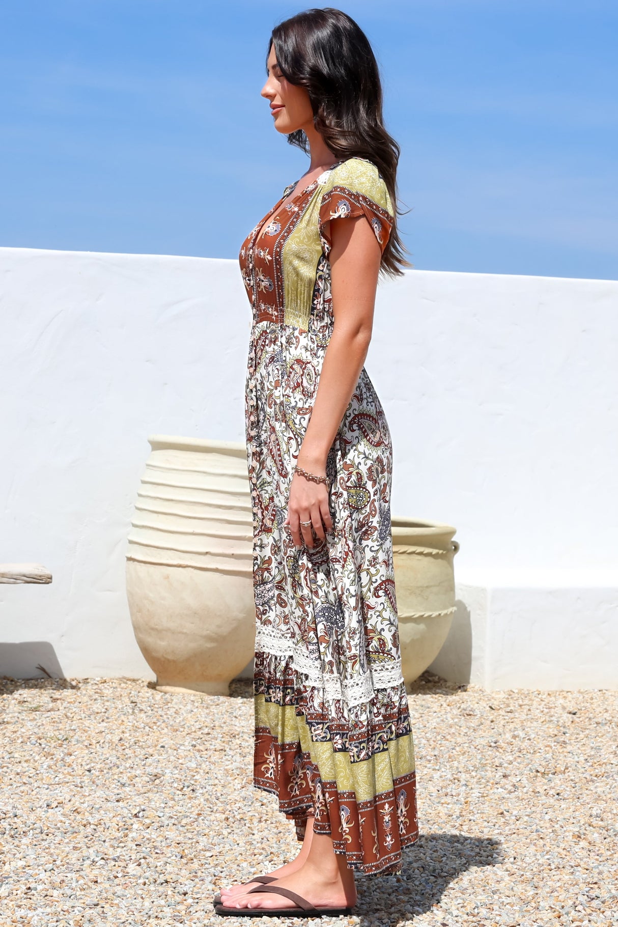 JAASE - Carmen Maxi Dress: Butterfly Cap Sleeve Button Down A Line Dress with Lace Trim in Oakie Print