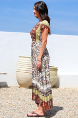 JAASE - Carmen Maxi Dress: Butterfly Cap Sleeve Button Down A Line Dress with Lace Trim in Oakie Print
