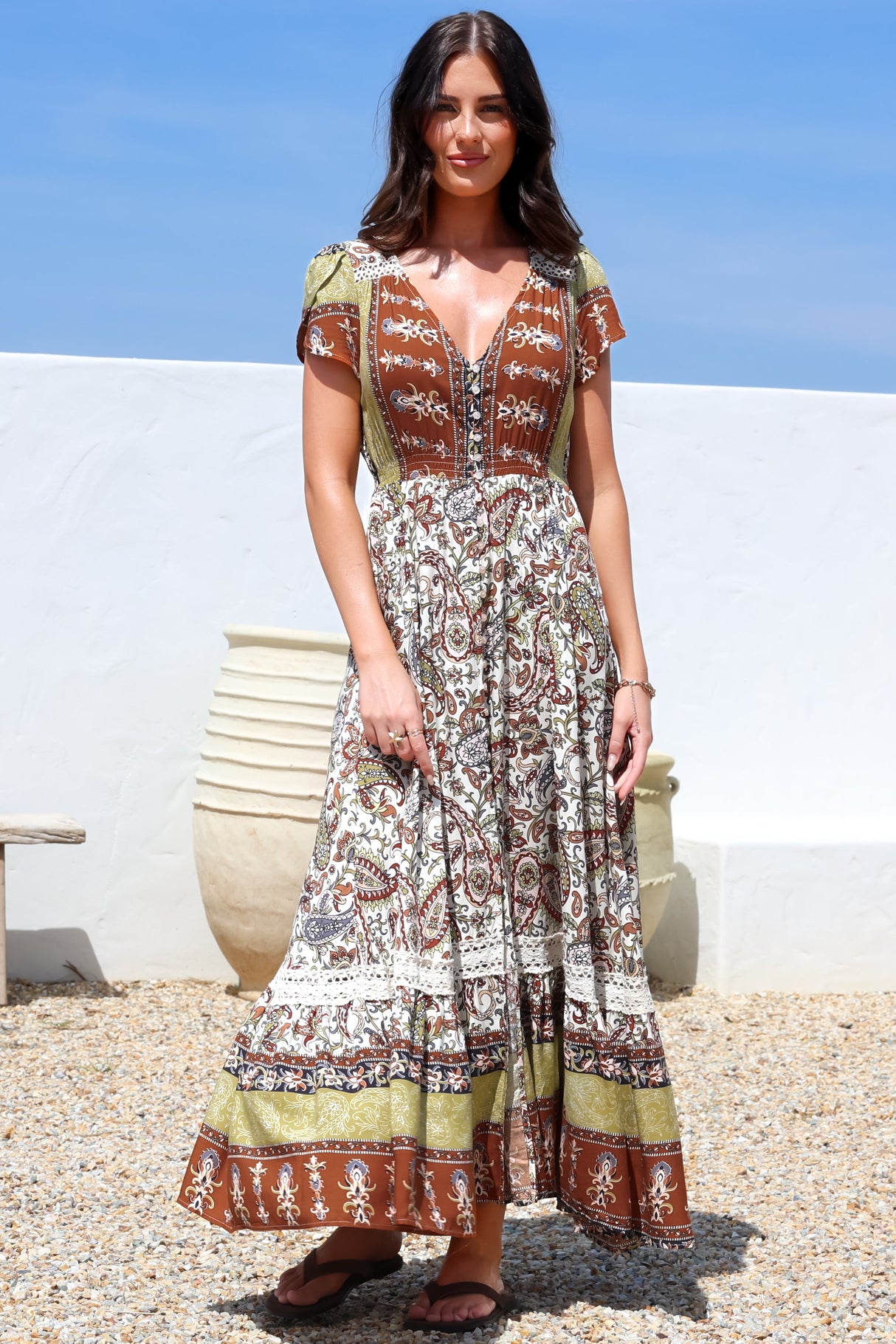 JAASE - Carmen Maxi Dress: Butterfly Cap Sleeve Button Down A Line Dress with Lace Trim in Oakie Print