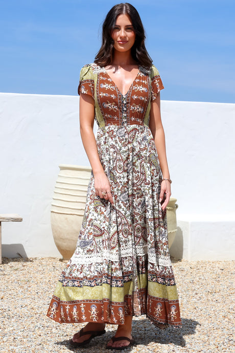 JAASE - Carmen Maxi Dress: Butterfly Cap Sleeve Button Down A Line Dress with Lace Trim in Oakie Print
