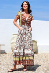 JAASE - Carmen Maxi Dress: Butterfly Cap Sleeve Button Down A Line Dress with Lace Trim in Oakie Print