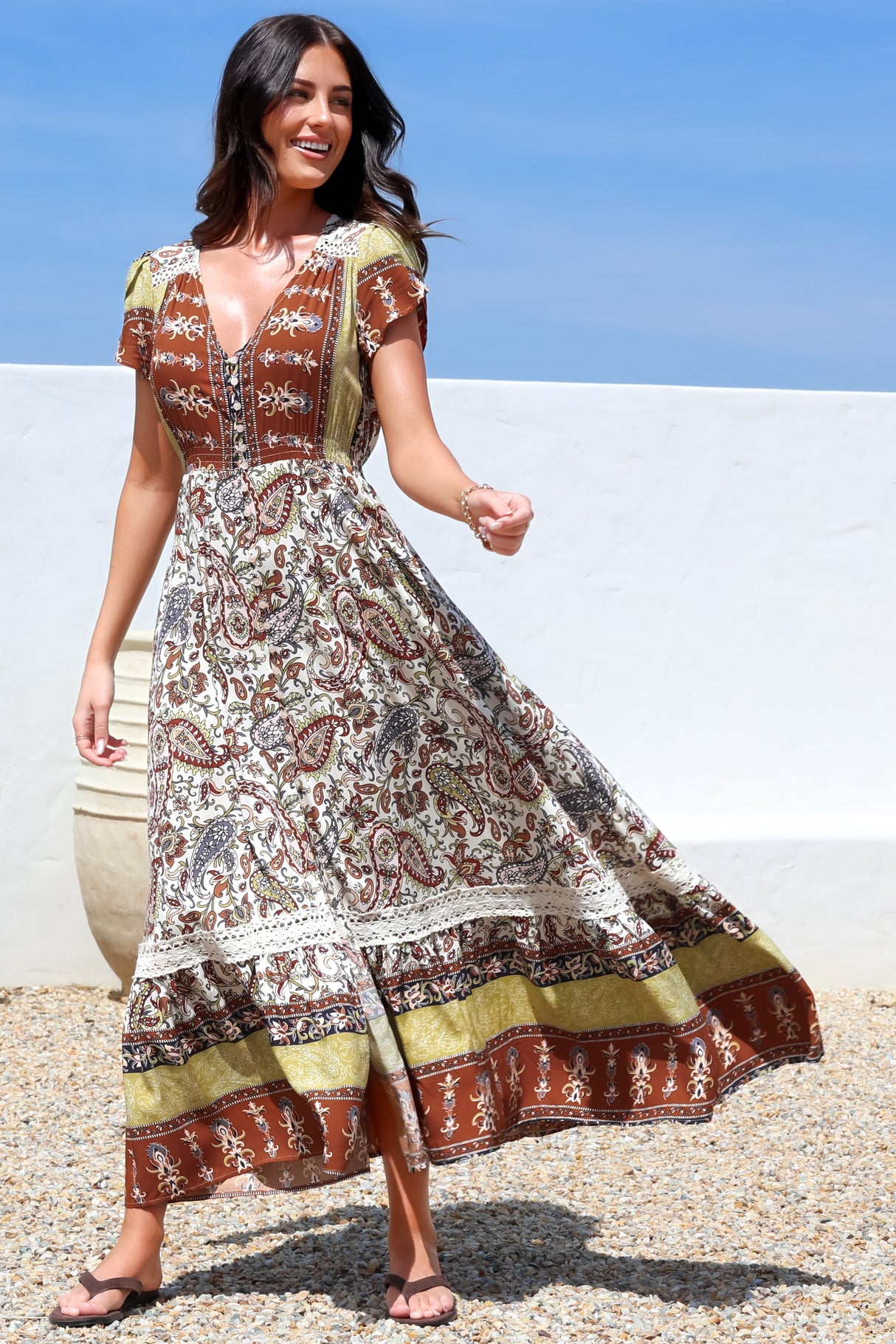 JAASE - Carmen Maxi Dress: Butterfly Cap Sleeve Button Down A Line Dress with Lace Trim in Oakie Print