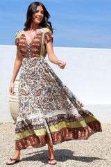 JAASE - Carmen Maxi Dress: Butterfly Cap Sleeve Button Down A Line Dress with Lace Trim in Oakie Print