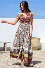 JAASE - Carmen Maxi Dress: Butterfly Cap Sleeve Button Down A Line Dress with Lace Trim in Oakie Print