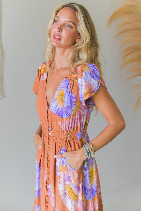 JAASE - Carmen Maxi Dress: Butterfly Cap Sleeve Button Down A Line Dress with Lace Trim in Amara Bloom Print
