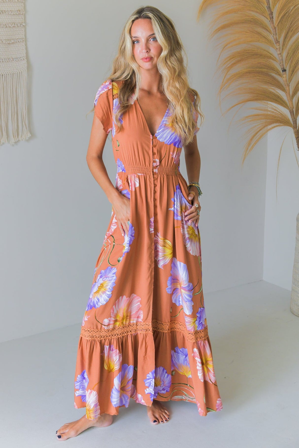 JAASE - Carmen Maxi Dress: Butterfly Cap Sleeve Button Down A Line Dress with Lace Trim in Amara Bloom Print