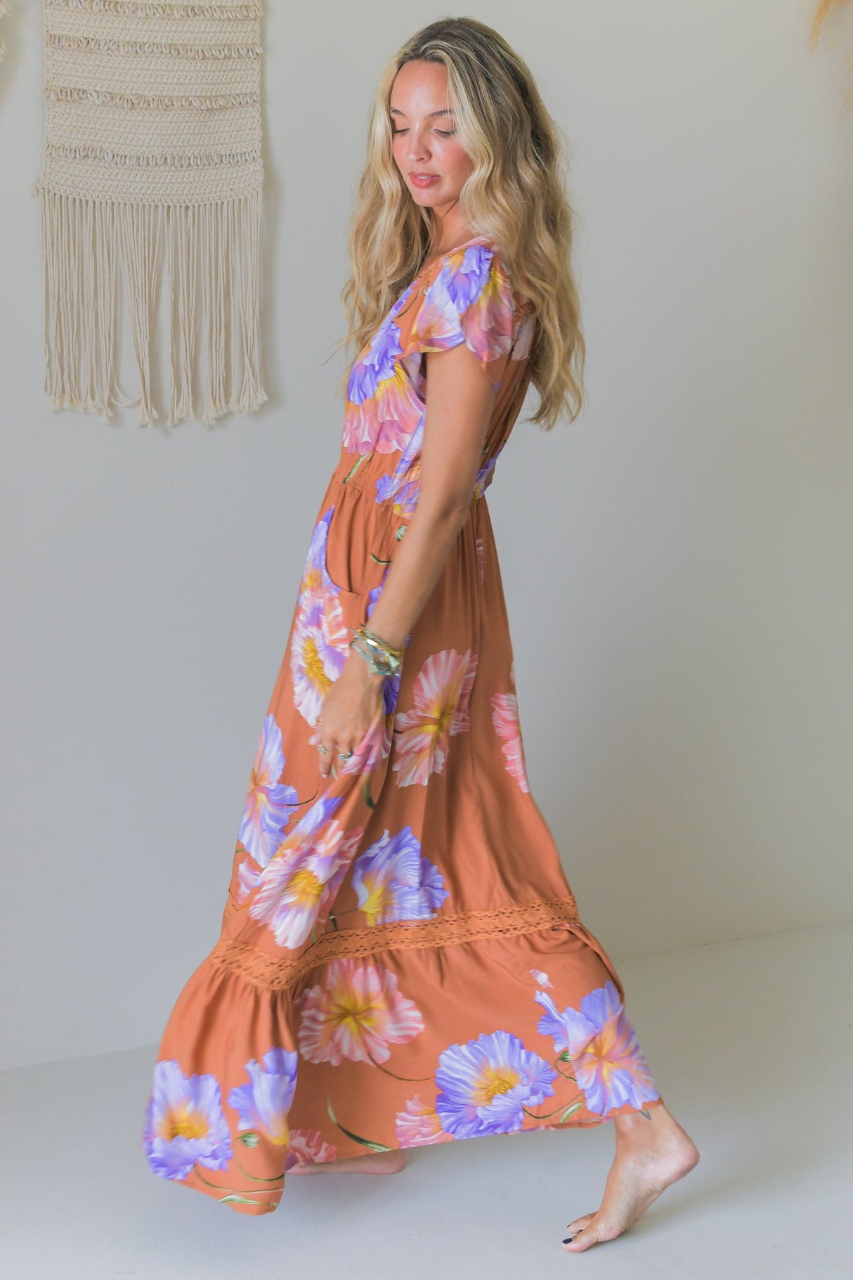 JAASE - Carmen Maxi Dress: Butterfly Cap Sleeve Button Down A Line Dress with Lace Trim in Amara Bloom Print
