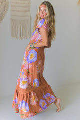 JAASE - Carmen Maxi Dress: Butterfly Cap Sleeve Button Down A Line Dress with Lace Trim in Amara Bloom Print