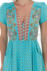 JAASE - Carmen Maxi Dress: Butterfly Cap Sleeve Button Down A Line Dress with Lace Trim in Atlantis Print