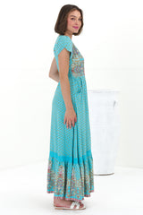 JAASE - Carmen Maxi Dress: Butterfly Cap Sleeve Button Down A Line Dress with Lace Trim in Atlantis Print