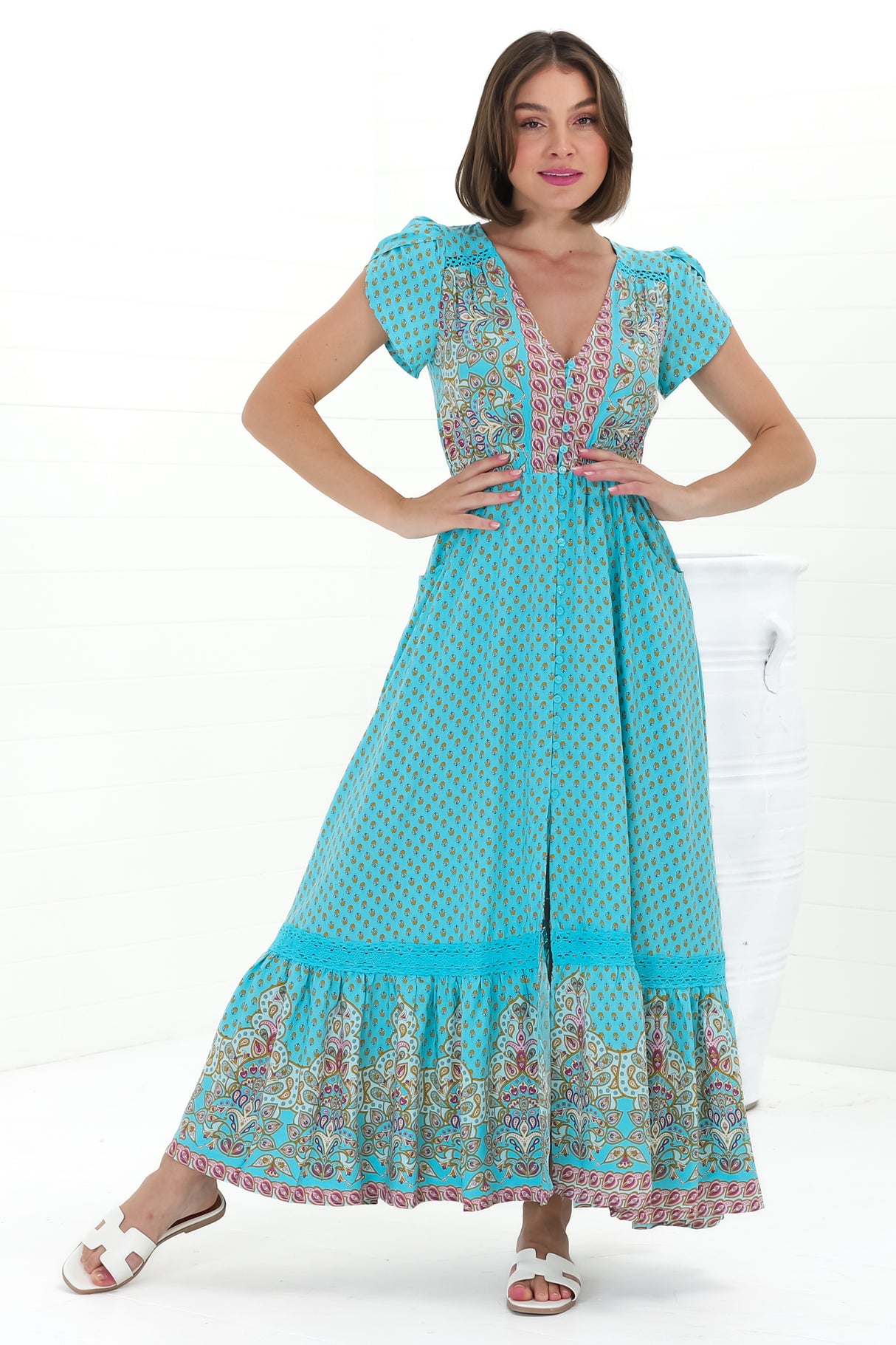 JAASE - Carmen Maxi Dress: Butterfly Cap Sleeve Button Down A Line Dress with Lace Trim in Atlantis Print