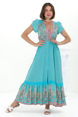 JAASE - Carmen Maxi Dress: Butterfly Cap Sleeve Button Down A Line Dress with Lace Trim in Atlantis Print