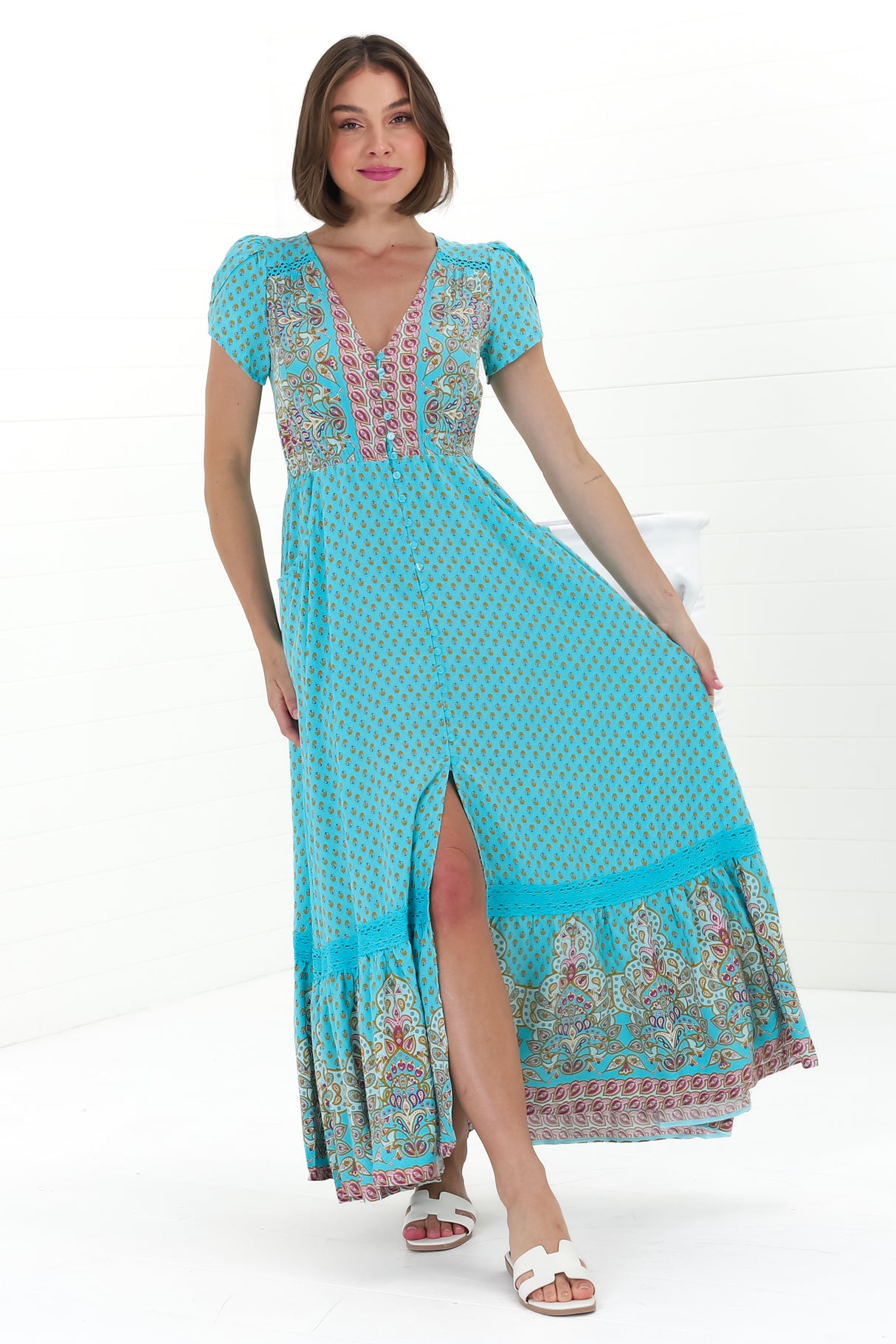 JAASE - Carmen Maxi Dress: Butterfly Cap Sleeve Button Down A Line Dress with Lace Trim in Atlantis Print