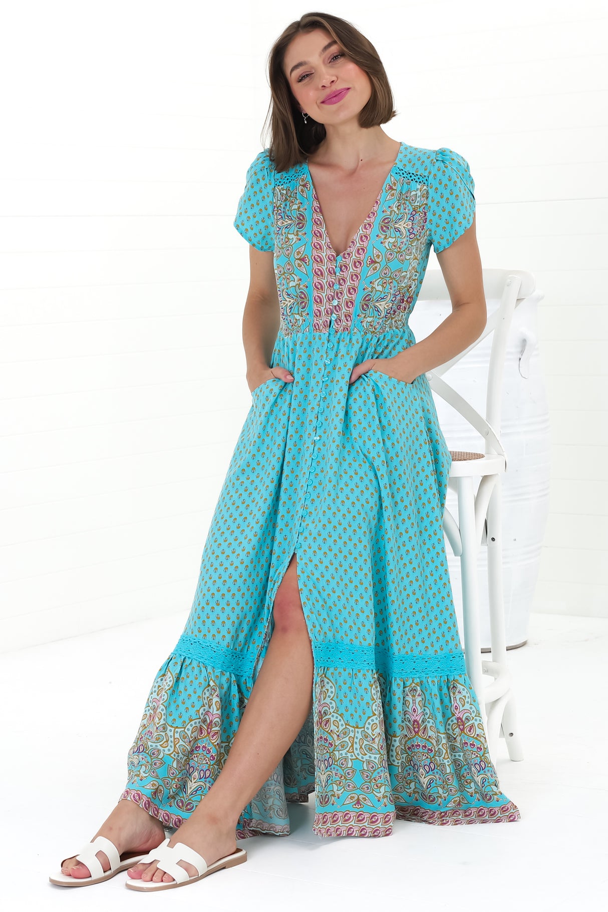 JAASE - Carmen Maxi Dress: Butterfly Cap Sleeve Button Down A Line Dress with Lace Trim in Atlantis Print