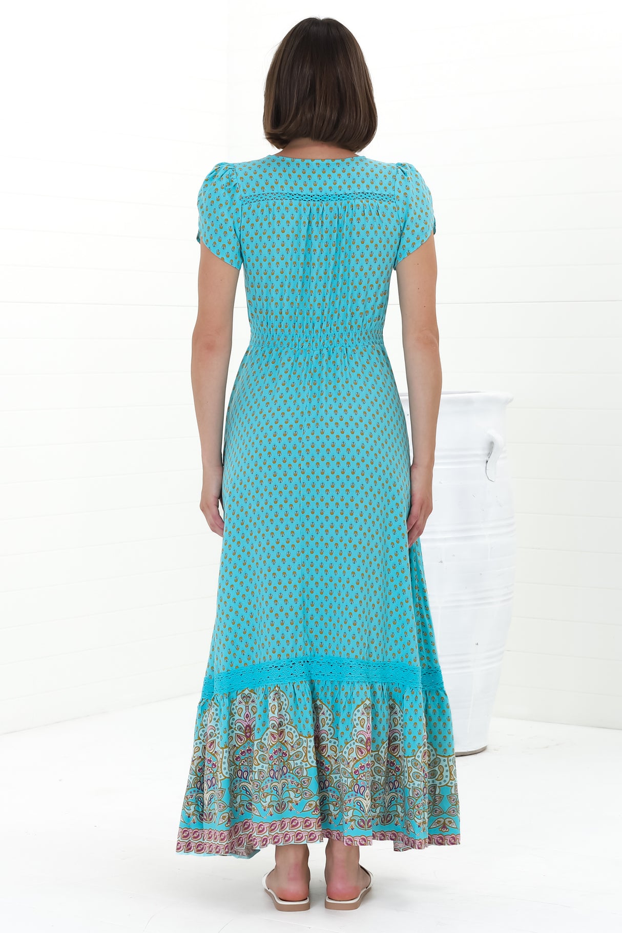 JAASE - Carmen Maxi Dress: Butterfly Cap Sleeve Button Down A Line Dress with Lace Trim in Atlantis Print