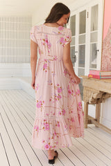 JAASE - Carmen Maxi Dress: Butterfly Cap Sleeve Button Down A Line Dress with Lace Trim in Blushing Fields Print
