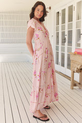 JAASE - Carmen Maxi Dress: Butterfly Cap Sleeve Button Down A Line Dress with Lace Trim in Blushing Fields Print