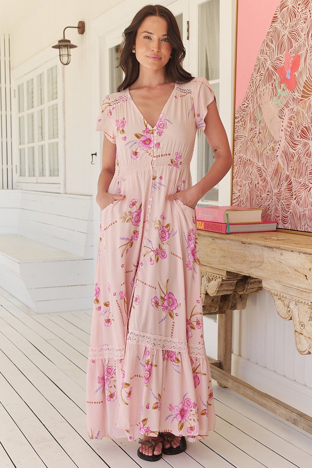 JAASE - Carmen Maxi Dress: Butterfly Cap Sleeve Button Down A Line Dress with Lace Trim in Blushing Fields Print